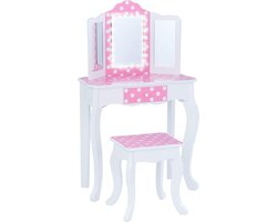 Houten Kaptafel Kinderen Met LED Licht Spiegel - Tafel Stoel Set - Polka Dot - Roze/Wit - Inclusief Html Content make up tafel