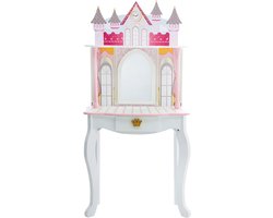 Houten Kaptafel Kinderen - Tafel en Stoel Set - Dromenland Kasteel Ontwerp - Omvat 4 Poppen Accessoires - Wit-Roze - Speelgoed Kaptafel make up tafel