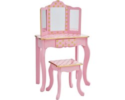 Houten Kaptafel Kinderen Tafel en Stoel Set Polka Dot Roze/Goud - voor Kinderkamer of Speelhoek make up tafel