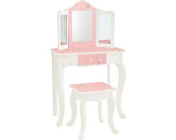 Houten Kaptafel Kinderen - Tafel en Stoel Set - Wit Goud - html content nodig make up tafel