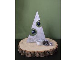 Houten Kerstboom met Glazen Kerstballen en Kaarsje – Handgemaakt, Rustiek en Duurzaam, Unieke Kerstdecoratie voor Huis en Kantoor.