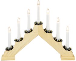 Houten Kerstkandelaar voor binnen - 7 kaarsen - 2700K warm wit - Hout met groen - Kaarsenbrug met 7 lampen - 30 x 38 cm - Kerstverlichting