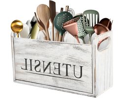 Houten Keuken Gereedschap Houder met 3 Compartimenten, Afvoergedeelte en Handvat voor Keukenorganisatie, Keukengerei Opslag en Vintage Kooklepelstandaard