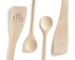 Houten keukengereedschap, Set van 4, complete set, spatels van beukenhout, Gemaakt in de EU, 1 grote sauslepel 30 cm, 1 penspatel 30 cm, 1 afgeschuinde spatel 30 cm, 1 spuitzak,