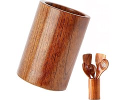 Houten keukengereihouder - ronde houten bestekhouder - kookgereihouder, organizer, eetstokjeshouder, keukenopslag voor spatel, bestek, lepel (15 x 8,7 cm)-Bevat alleen een opbergbak