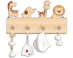 Houten Kinder Kapstok met 4 Haken en Dierenmotieven voor Kinderkamer Decoratie, Ideaal als Kraamcadeau, 40 x 25 cm