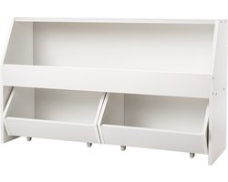 Houten Kinderboekenkast met Opbergruimte, Speelgoedkast met 2 Uitneembare Lades, Opbergmeubel voor Slaapkamer, Kinderkamer en Woonkamer, Wit