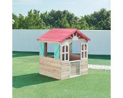 Houten Kinderhuisje voor Buiten met Schuin Dak en Ramen in Natuurlijk Rood Wit Groen