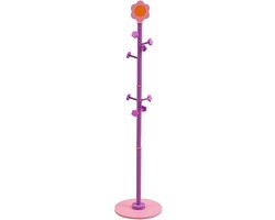 Houten kinderkapstok - Garderobestandaard voor meisjes - Voor het opruimen van de kamer - Bloemendesign - 8 haken - Paars en roze