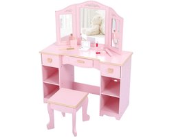 Houten Kinderkaptafel met 3-Delige Spiegel & Krukje - Make-up Tafel 3-9 Jaar met 3 Lades - Roze