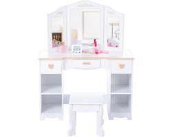 Houten Kinderkaptafel met 3-Delige Spiegel & Krukje - Make-up Tafel Meisjes met 3 Lades - Wit