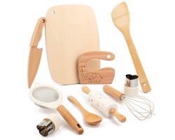Houten Kindermessen 10-delige Set - Montessori Speelgoed - Kindvriendelijke Messen - Koken met Kinderen - Leren Snijden en Koken voor Kinderen - Keukengereedschap met Snijplank - Uitsteekvormpjes - Educatief Speelgoed