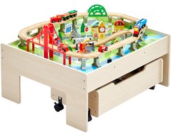 Houten kindertafel met 100 kleurrijke onderdelen – multifunctionele activiteitentafel met verrijdbare opberglade – 3-in-1 speeltafel voor spelen, tekenen en lezen