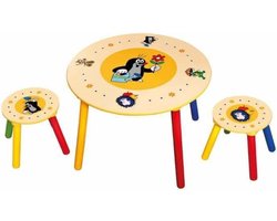 Houten kindertafel met 2 Krukjes met de kleine mol Little Mole kinder tafel met stoeltjes stoel kruk doorsnede 60 cm, hoogte 45 cm.