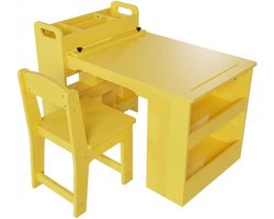 Houten Kindertafel met 2 Stoeltjes - Geel - Knutseltafel met Opbergvakken & Tekenrolhouder - Speeltafel Kinderen - Multifunctioneel Kinderbureau