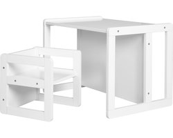 Houten Kinderzitgroep 3in1 - Tafel Draaibaar tot Bankje + Krukje - Wit