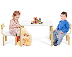 Houten kinderzitgroep met 1 kindertafel en 2 stoelen, kindermeubels met afgeronde hoeken en randen, kindertafel en stoelen voor thuis, klaslokaal, kleuterschool (wit)