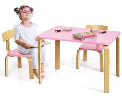Houten kinderzitgroep met 1 kindertafel en 2 stoelen, kindermeubels met afgeronde hoeken en randen, kindertafel en stoelen voor thuis, klaslokaal, kleuterschool (roze)