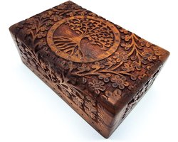 Houten kist maat L met levensboom voor sieraden en persoonlijke aandenken