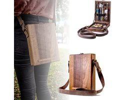 Houten kist - Multifunctionele houten handgemaakte crossbodytas - Koerierstas - Draagbare gereedschapstas - Opbergdoos voor kwasten en gereedschap - Schildersezel, geschikt voor buitenschilderen - Bruin - Vintage
