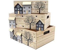 Houten kisten 3-delige set als opbergdoos en decoratie