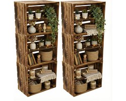 Houten Kisten als Schoenenrek en Boekenrek - Set van 6 - Gevlamd en Massief