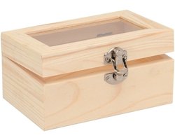Houten kistje met glazen deksel - 15 x 10 x 6 cm - knutsel juwelenkistje - hobby/knutselmateriaal - onbedrukt