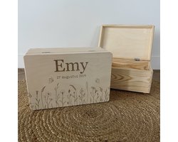 Houten kistje met opdruk - kraamcadeau - Decoratie kinderkamer - 30x20x14cm - bloemen - Herinneringsdoos - Kraamcadeau - Cadeau baby - Memory box - Babyshower -