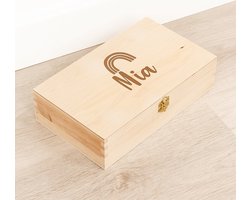 Houten kistje 'Mia' Regenboog - Tekenkist - Herinneringsdoos - Kraamcadeau - Knutseldoos - Memorybox - Baby - Geboorte