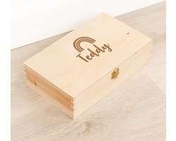 Houten kistje 'Teddy' Regenboog - Tekenkist - Herinneringsdoos - Kraamcadeau - Knutseldoos - Memorybox - Baby - Geboorte
