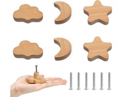 Houten Knoppen voor Kasten en Lades, Deurhandgrepen met Schroeven, Natuurlijke Textuur met Sterren, Maan en Wolken voor Kinderkamers