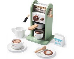 Houten Koffiezetapparaat – Speelkeuken Accessoire – Inclusief Kopjes, Borden, Melk & Opschuimer – Kinderspel & Fantasiespel – Dorjee
