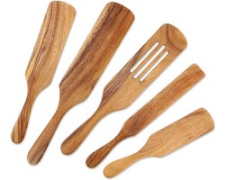 Houten kookgerei, houten spatelset zoals gezien op tv, 5-delige set natuurlijke acaciahouten Spurtle keukengereedschappen hittebestendig antiaanbak kookgerei van hout, spatel met gleuf om te roeren