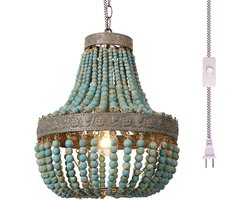 Houten Kraal Kroonluchter Hanger Blauwe Plafondlamp Bohemian Stijl