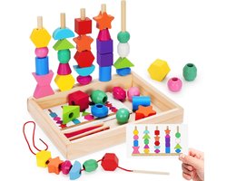 Houten Kralenrijden Montessori Set - 3-4 Jaar Rangschikken Stapelen Bouwstenen - Met Opbergdoos - STEM Educatief Speelgoed - Jongens Meisjes Cadeau