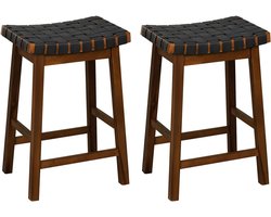 Houten kruk, set van 2 met PU-weefsel, barkruk met gebogen zitting, 65 cm hoog, met voetensteun voor eetkamer, bar, vintage bruin