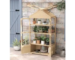 Houten Kweekkast - Mini Broeikas met 3 Niveaus - Verstelbare Planken & Openslaand Dak - 178x100 cm - Naturel