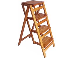Houten Ladderstoel - Opvouwbare Kruk - Huishoudelijk Werk - Drie-in-één Functionaliteit - 4 Treden - Licht Walnoot