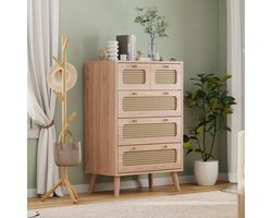 Houten Ladekast met 5 Lades – 60x34x91cm Rotan Dressoir, Retro Opbergkast met Rieten Fronten en Massief Houten Poten, Geschikt voor Woonkamer & Slaapkamer