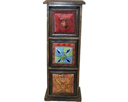 Houten Ladekastje - Mini Commode - Kleine Spullen Opbergen - Handbeschilderde Keramiek - 55 cm Hoog - Multicolor