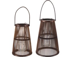 Houten Lantaarn Set - Windlicht Decoratie - Sfeervolle Verlichting - Inklapbare Handgreep - Groot 34.5cm - Bruin Zwart