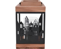Houten lantaarn voor waxinelichtjes, kaarsen met skyline van de stad en handvat gemaakt van hout en metaal