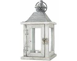 Houten Lantaarn - windlicht kaarsenhouders - wit - 13 x 25 cm- Landelijke woonstijl - Woonaccessoires/woondecoraties
