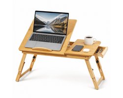 Houten laptoptafel voor bed - Kantelbaar blad met ventilatieopeningen - Verstelbare inklapbare poten - Lade en bekerhouder - 55 x 34 x 27 cm - Houtkleur - Banktafel - Laptopstandaard - Ontbijttafel - Ontbijt op bed - Hoogte verstelbaar & Inklapbaar