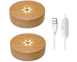 Houten LED-displayvoet, 2 stuks; 4-inch glazen kristallen lampvoet; USB-voeding warm wit licht decoratief item.