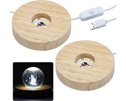 Houten LED-displayvoet, 2 stuks; 4-inch glazen kristallen lampvoet; USB-voeding warm wit licht decoratief item.
