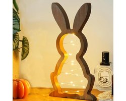 Houten LED Paashaas om Neer te Zetten – Moderne Paasdecoratie met Lichtjes – Sfeervolle Lente Verlichting voor Tafel en Vensterbank (Klein)