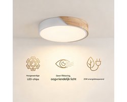 Houten LED Plafondlamp 32 cm - Moderne Plafondverlichting met Houtlook Frame - 25W 2500 lm 3000K Warm Wit - voor Woonkamer Hal Thuiskantoor en Veranda - Wit Naturel
