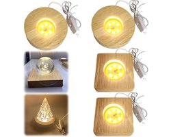 Houten LED Verlichting Sokkel 4 Stuks Verlichte Display Stand DIY Houten Sokkel Plaat voor Glazen Blok Verlicht Houten Sokkel met USB LED Basis voor Tentoonstelling Kristal Glas Acryl.