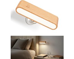 Houten LED-wandlamp - Magnetisch 360° draaibaar nachtlampje en leeslamp voor aan de muur - Klein, oplaadbaar nachtlampje op batterijen - Geschikt voor slaapkamers en woonkamers - Natuurlijke houtkleur